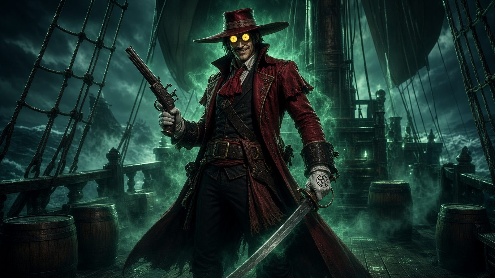 Alucard, alla guida dei musicisti fantasma, sul ponte dell'Olandese Volante