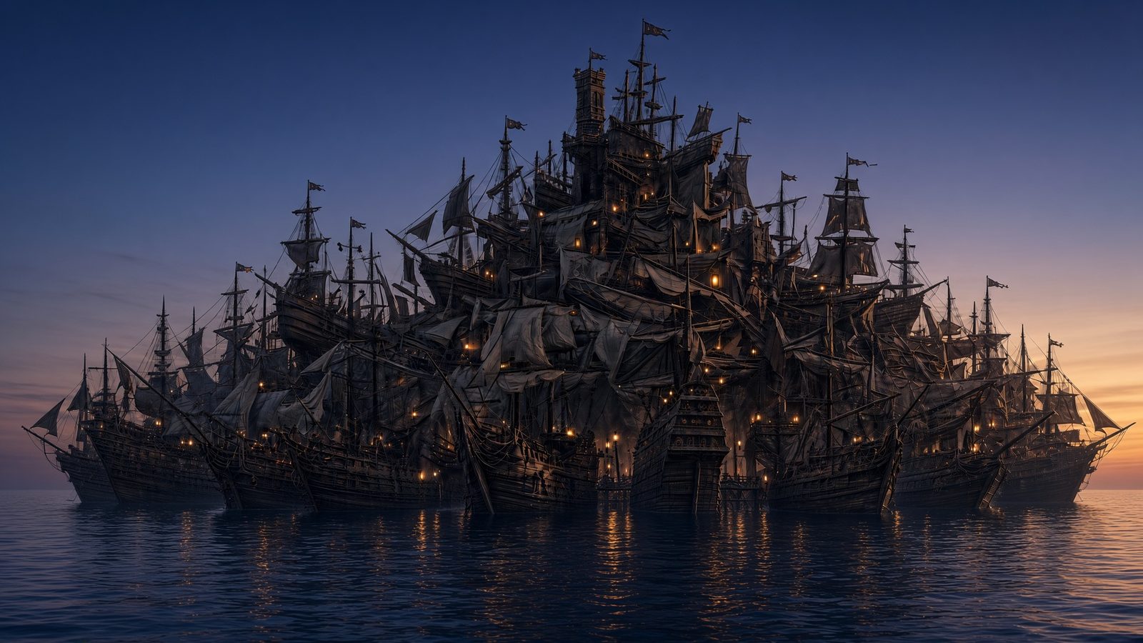 Galeonia vista dal mare di notte, le luci delle case e la torre-prigione al centro