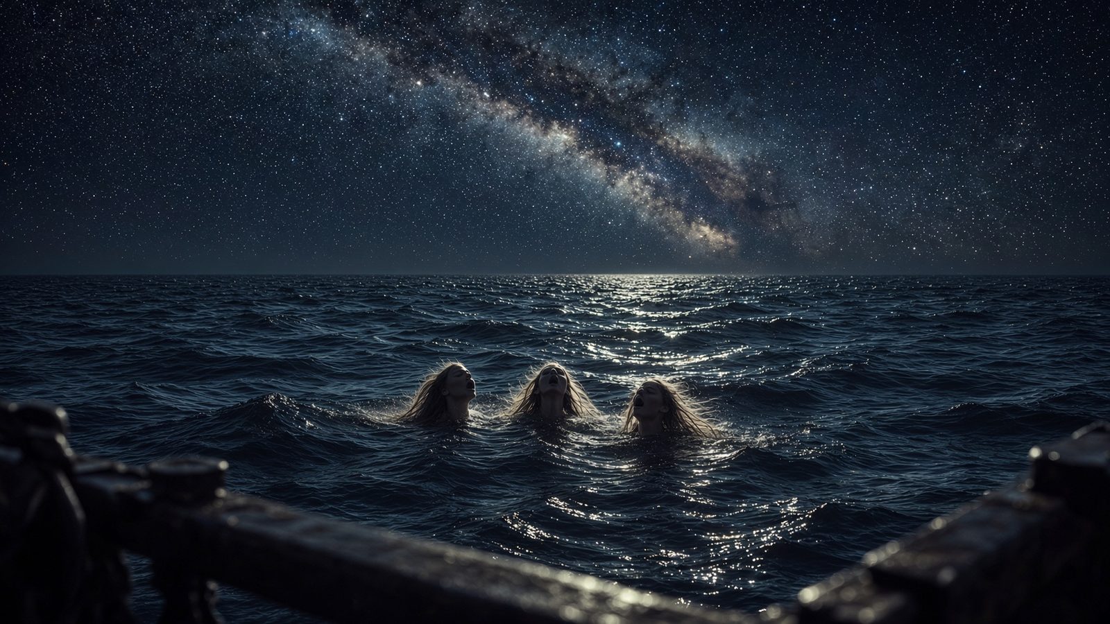 Sirene che affiorano attorno alla nave nella notte stellata
