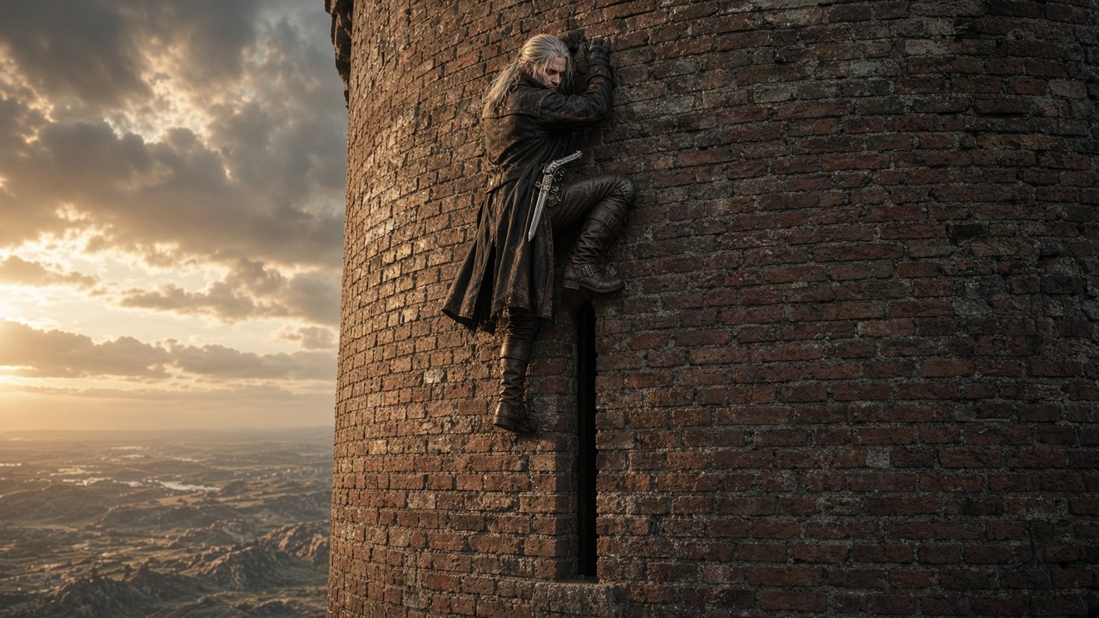 Edward fa da catapulta a Nick, che salta verso la feritoia del primo piano della torre