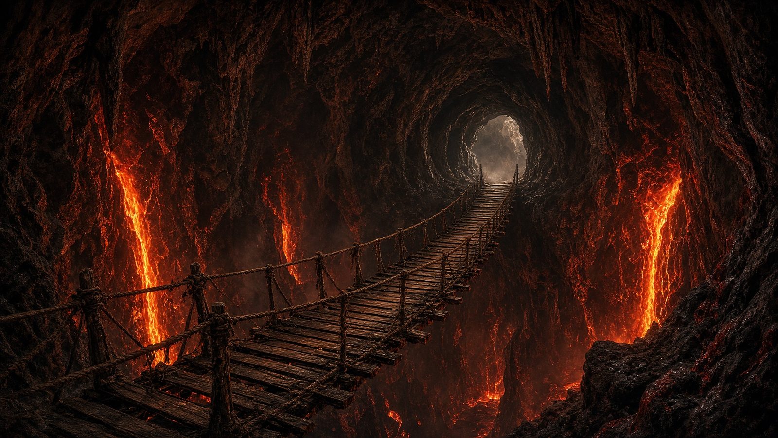 Un ponte di legno strinato, sopra il burrone