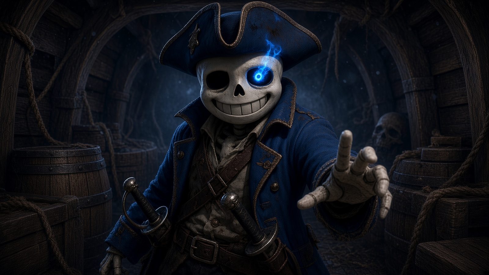 Sans, lo scheletro beffardo, emerge dal bagliore blu e propone il gioco delle rime