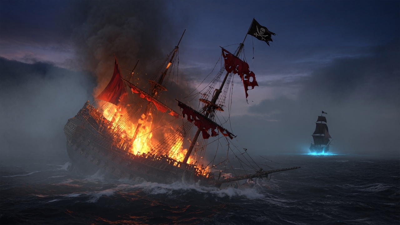 La Crimson in fiamme che affonda inghiottita dal mare