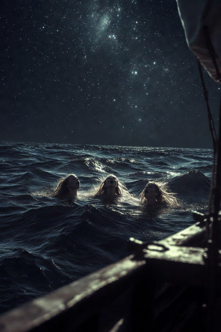Sirene che affiorano attorno alla nave nella notte stellata
