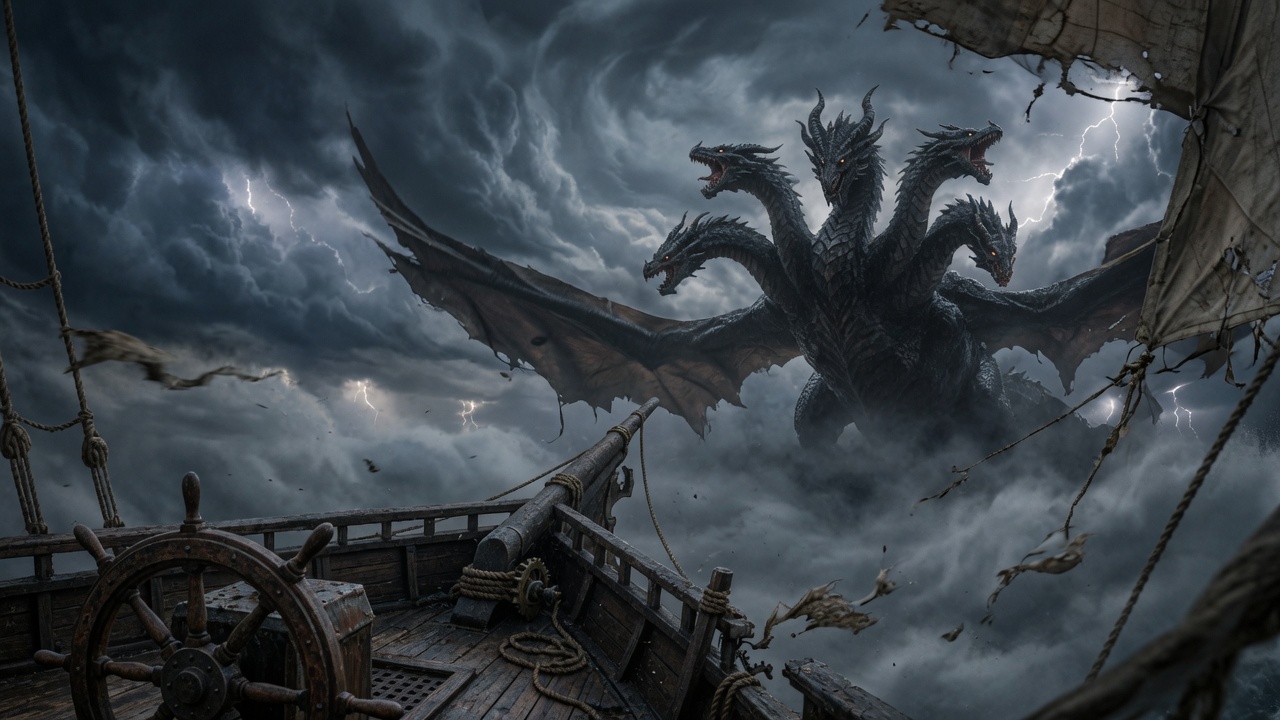 Tiamat, la colossale bestia alata a cinque teste, contro i fulmini